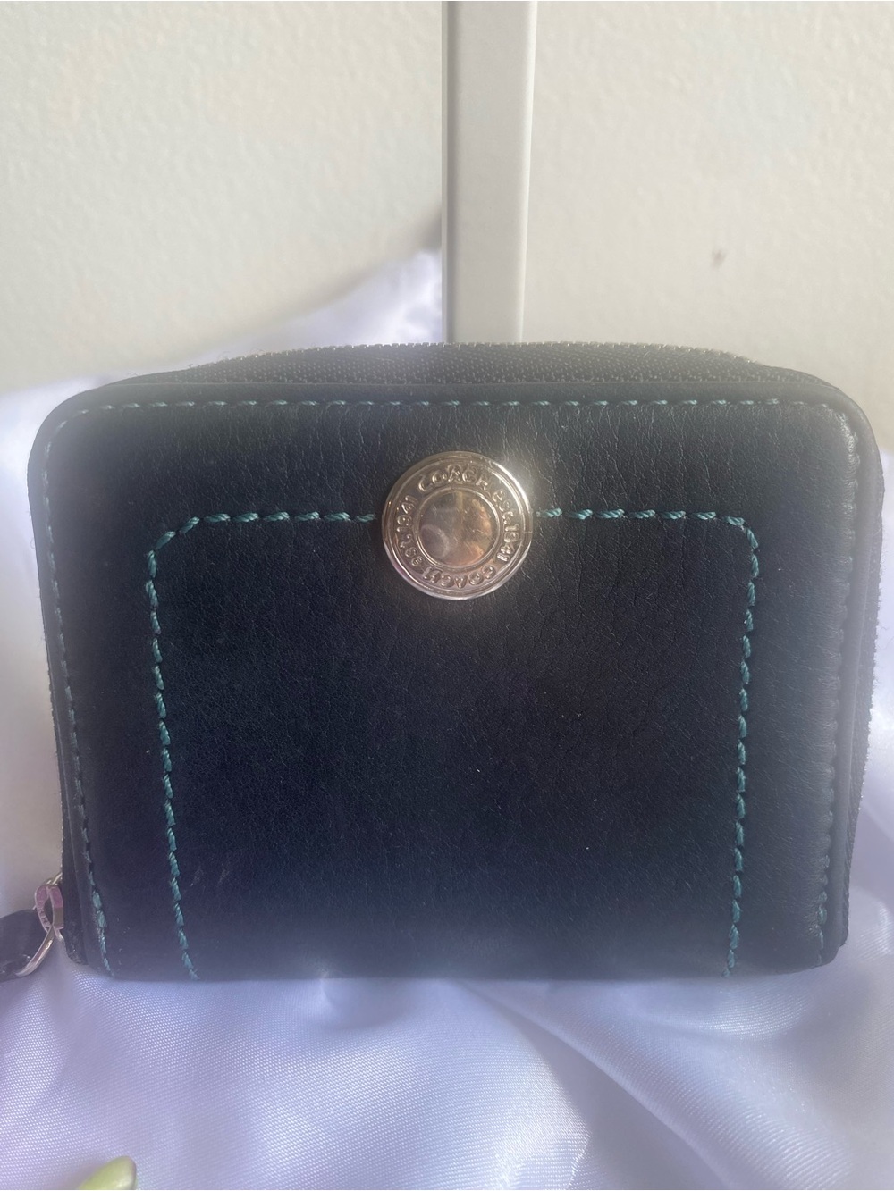Coach Leather Card Wallet with Turquoise Trim